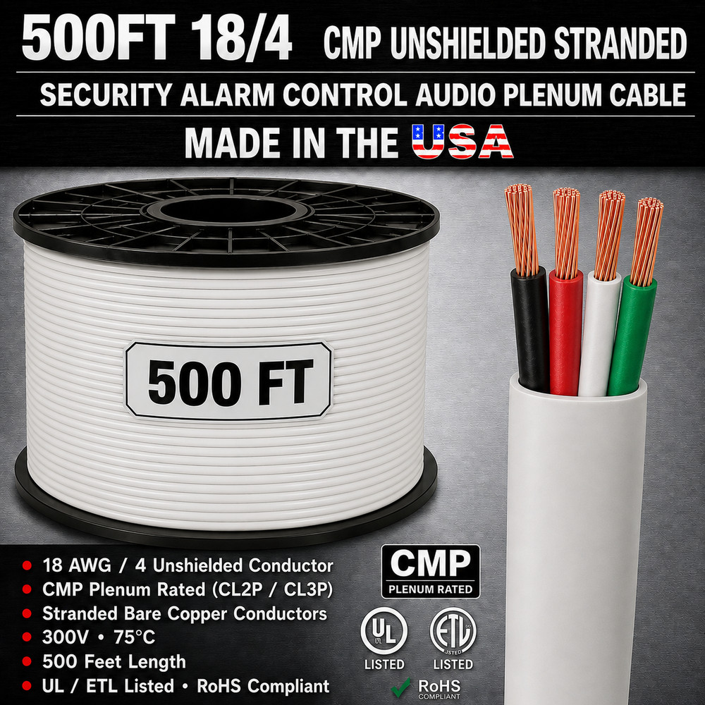 500FT 18/4 CMP Unshielded Stranded Security Alarm Control Audio Plenum Cable