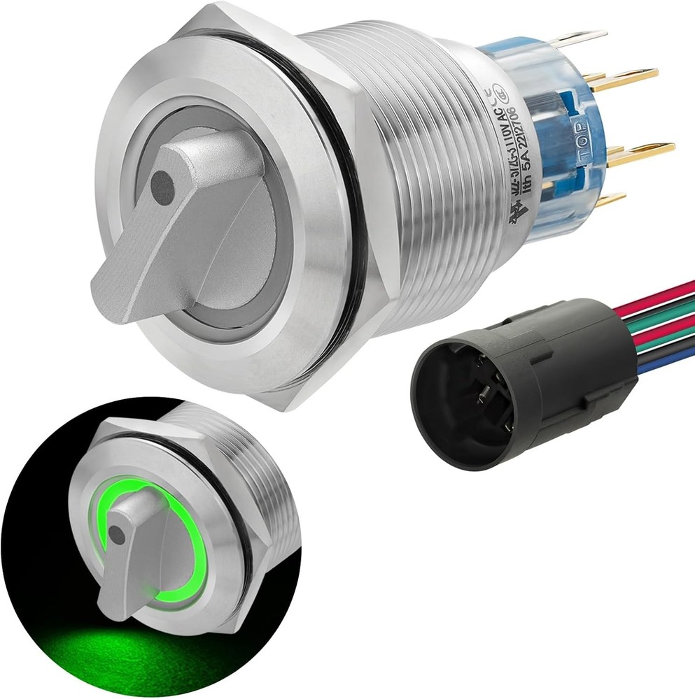 UL Listed Rotary Switch 22mm 3 Position Green LED Latching Selector Switch 110V