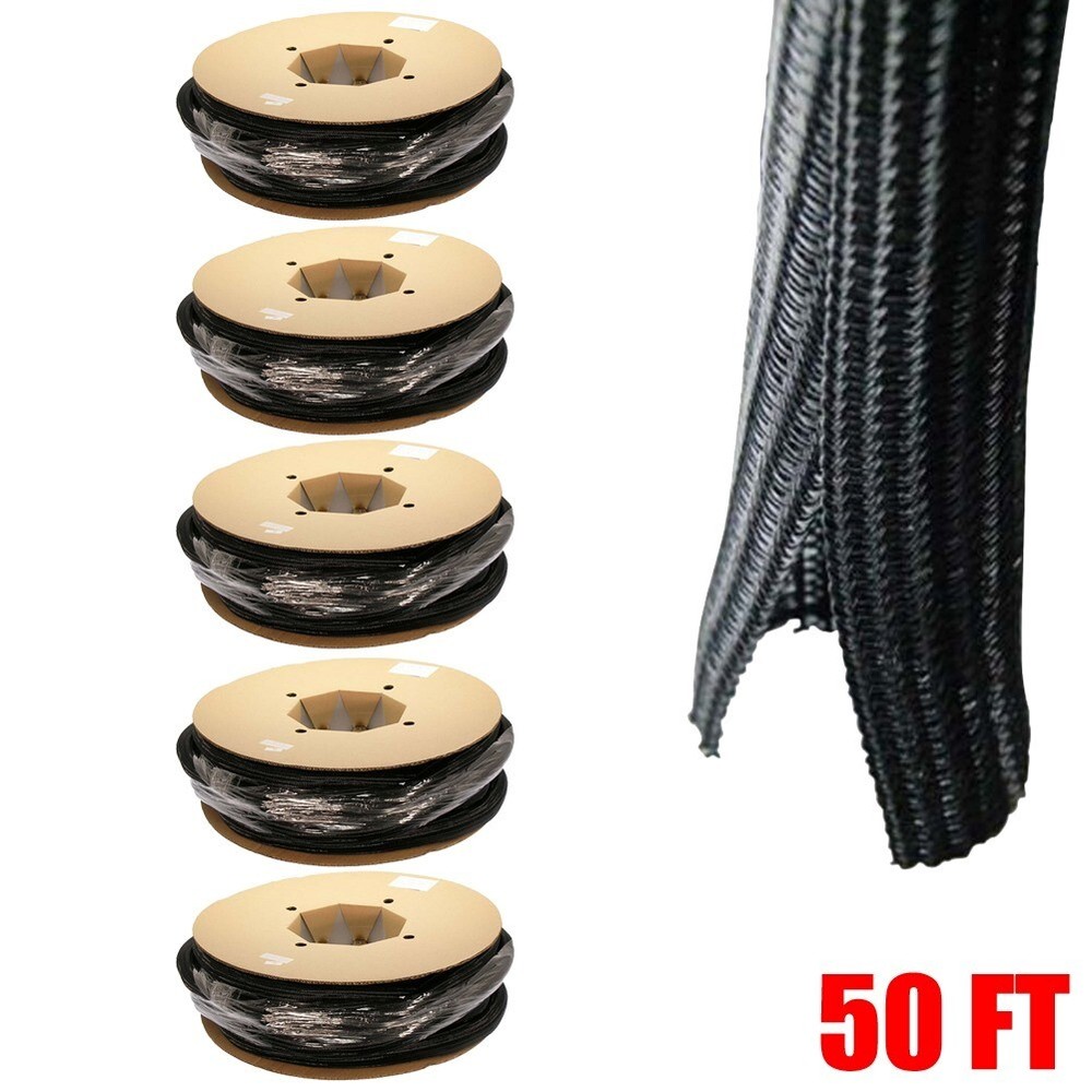 5x 50FT 1″ Self Closing Cable Sleeve Sock Wrap Braided Flexible Organizer Black
