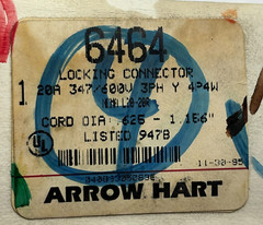 Arrow Hart 6464 Hart-Lock 20A 347/600V 3PH 4P 4W Connector L20-20R 🔔