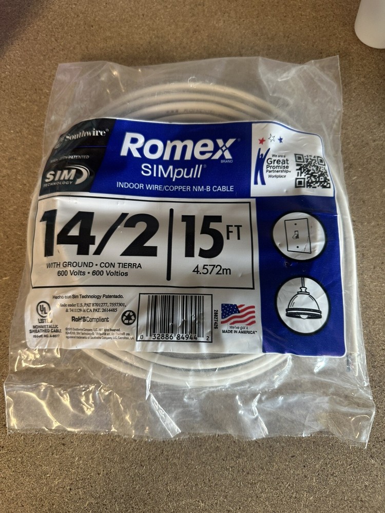 NEW Southwire Romex SimPull 15 ft. 14/2 Indoor Wire/Copper NM-B Cable