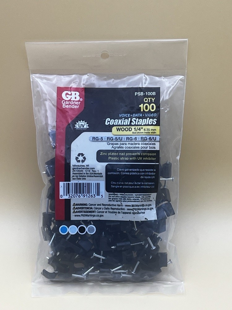 Bag of 100 Gardner Bender Coaxial Staples PCS-100B Masonry 1/4″ RG5/U RG6/U