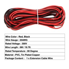 Red Black Wire 2pin Extension Cable Cord 20 AWG Parallel Wire 6M Length