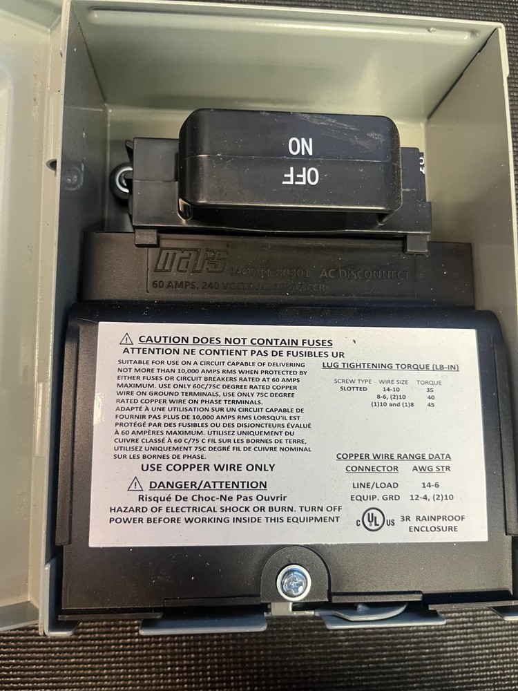 Mars 80301 60A 240V AC Disconnect Non-Fused Pullout Switch