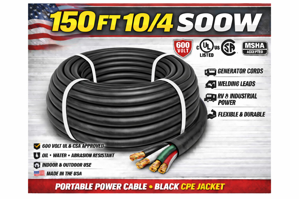 10/4 SOOW Portable Cord 150FT 600V UL CSA Black Flexible Cable USA Made