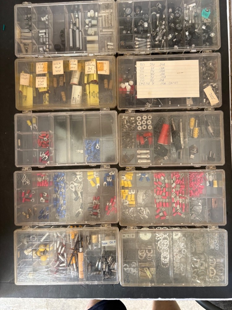 HUGE lot (8) plastic organizer boxes filled with electrical components clip fuse