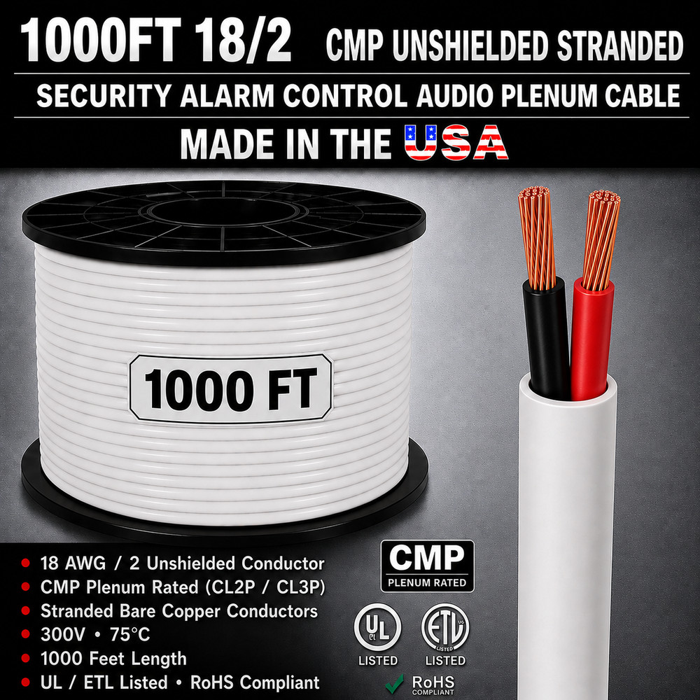 1000FT 18/2 CMP Unshielded Stranded Security Alarm Control Audio Plenum Cable