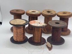 Vintage wooden spools with copper wire, 7 different pieces