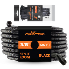 100 Ft 3/8″ Split Wire Loom Tubing – 100 Pcs 4″ Nylon Zip Ties Combo (Black)