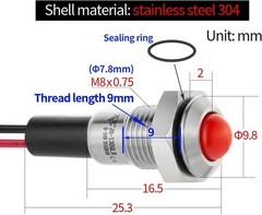 UL 8mm Red LED Waterproof IP67 Stainless Steel Indicator Light Indicator Light