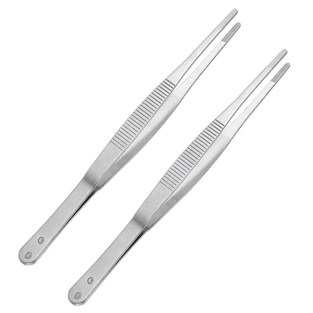 2 Pcs 7-Inch Stainless Steel Straight Blunt Tweezers with Serrated Tip Polish