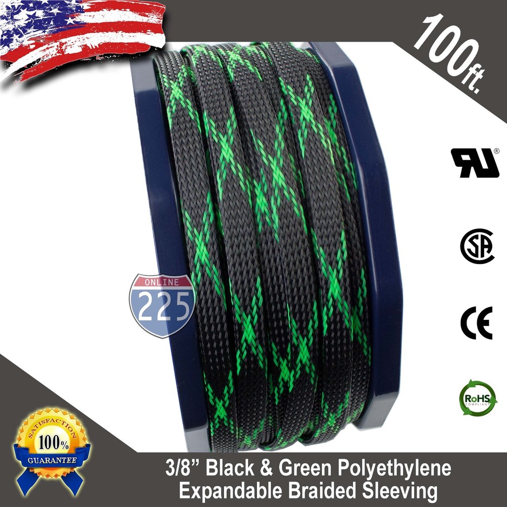 100 FT 3/8″ Black Green Expandable Wire Sleeving Sheathing Braided Loom Tubing