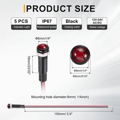 5Pcs 6mm 1/4 Indicator Light 12V-24V AC DC LED Plastic Sh Color: Red Size: 6mm