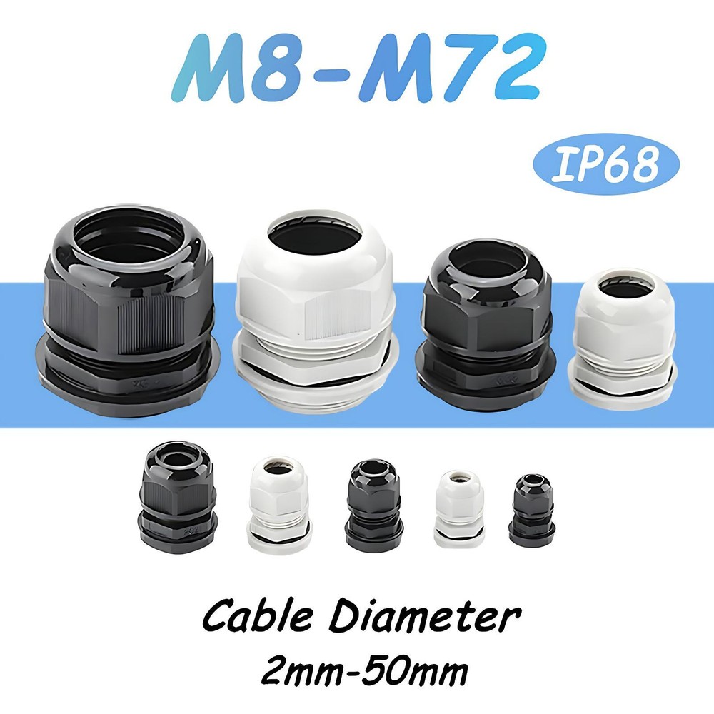 CABLE GLAND IP68 WATERPROOF BLACK NYLON COMPRESSION LOCKNUT WHITE & BLACK M8-M72