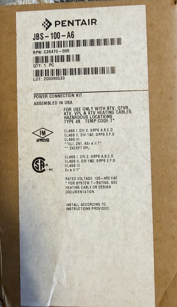 Pentair JBS-100-A6, 480 VAC, 50 A, Black, Power Connection Kit, 1 pc