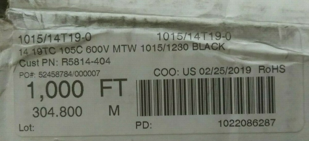 NEW 1015/14T19-0 105C 600V MTW 1015/1230 BLACK