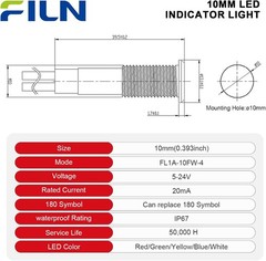 2Pcs 10MM 12V LED Metal Indicator Light IP67 Waterproof 180 Changeable Symbols
