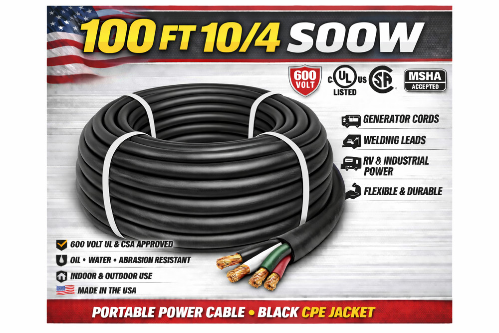 10/4 SOOW Portable Cord 100FT 600V UL CSA Black Flexible Cable USA Made