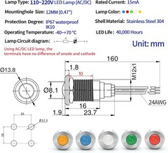 UL Listed 12mm 0.47 LED Indicator Light Indicator Light Waterproof IP67