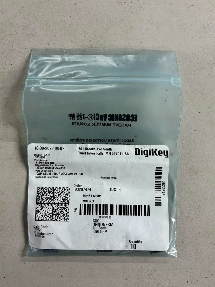 Lot of 9 Digikey Cap Alum 100UF 20% 35V Radial 1189-1300-ND