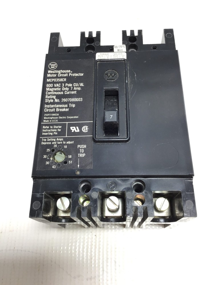 Westinghouse MCP0358CR – Motor Circuit Breaker Protector 600VAC 3Pole 7Amp