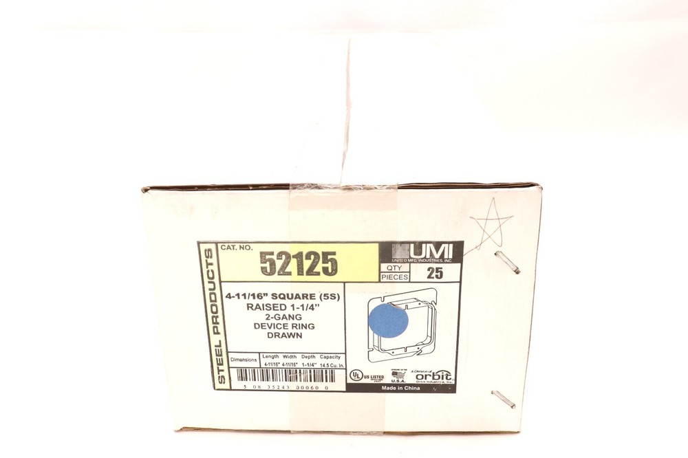 CASE OF 25 ORBIT 52125 4-11/16″ SQUARE (5S) RAISED 1-1/4″ 2-GANG DEVICE RING