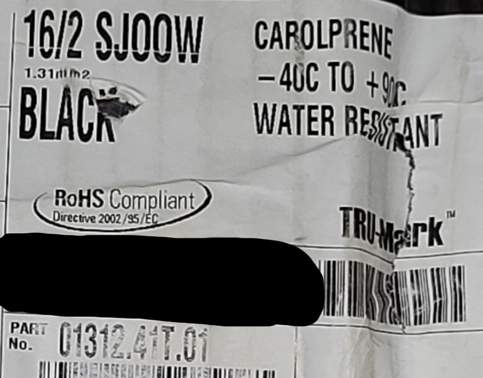 NEW Carol 01312 16/2C Carolprene SJOOW 300V 90C Portable Power Cable Cord Black