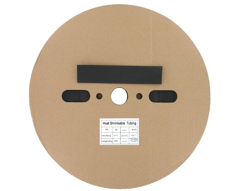 100 Ft 3/4″ ID (19.1mm) Black Polyolefin 2:1 Heat Shrink Halogen-Free RoHS UL