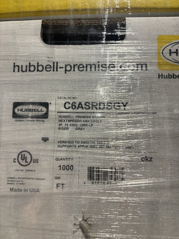 Hubbell NEXTSPEED Premise Wiring Cat6A Cable C6ASRDSGY Gray 1000 ft CMR 23 AWG