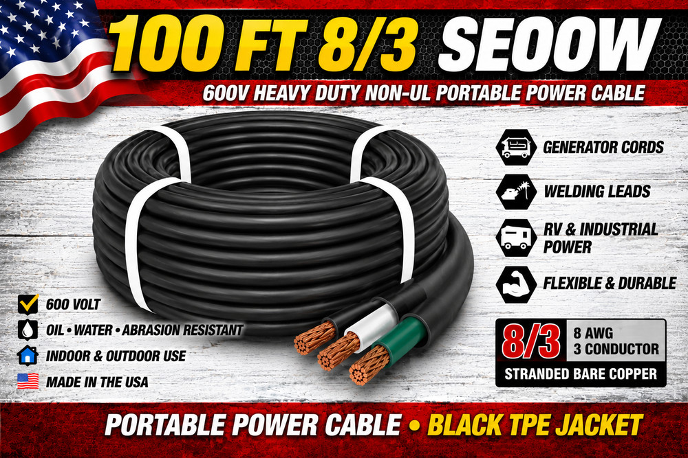 100 FT 8/3 SEOOW Cord 600V Heavy Duty Indoor Outdoor Portable Power Cable