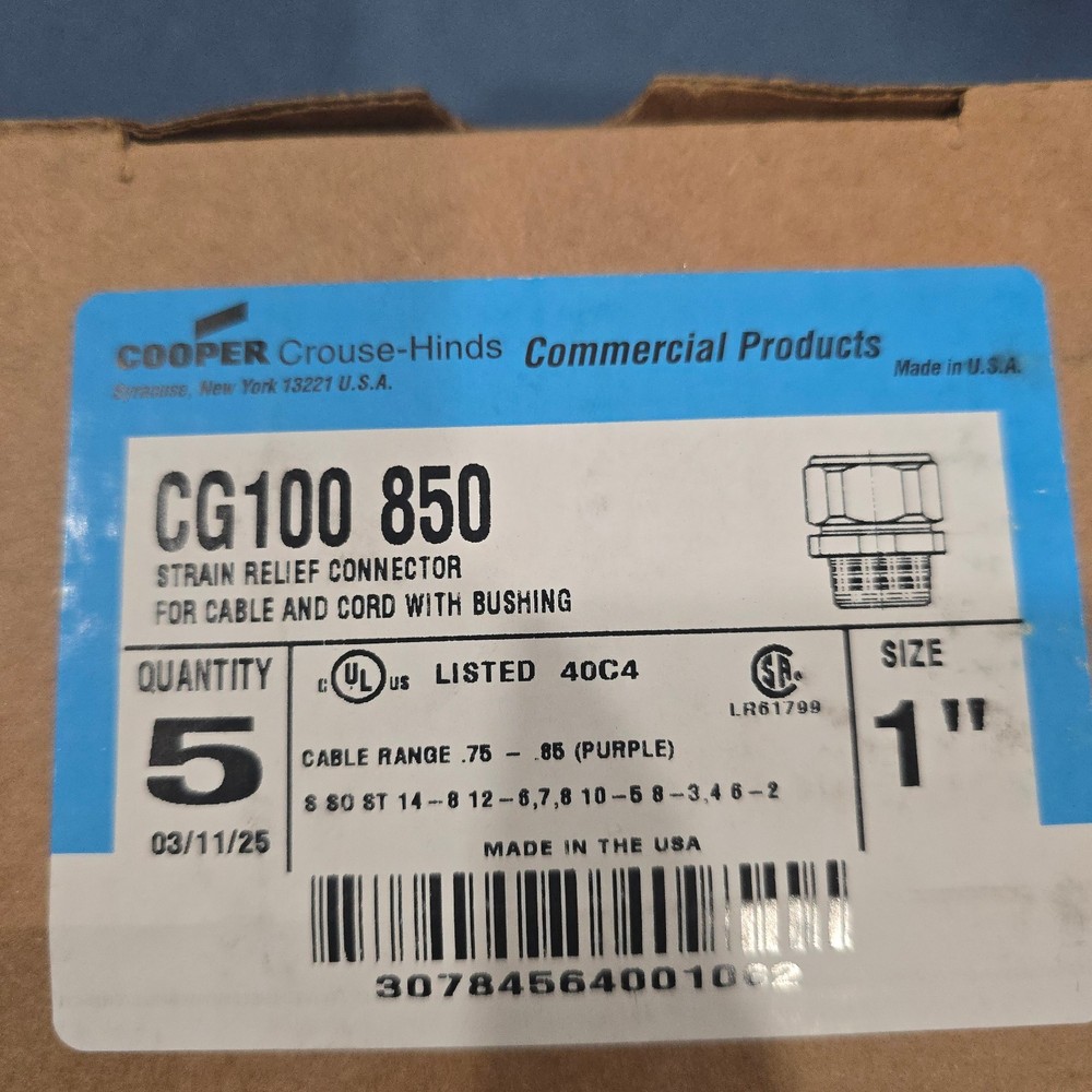 Crouse-Hinds CG100-850, 1″, strain relief connector Cord Grip 0.75-0.85, 5 pcs