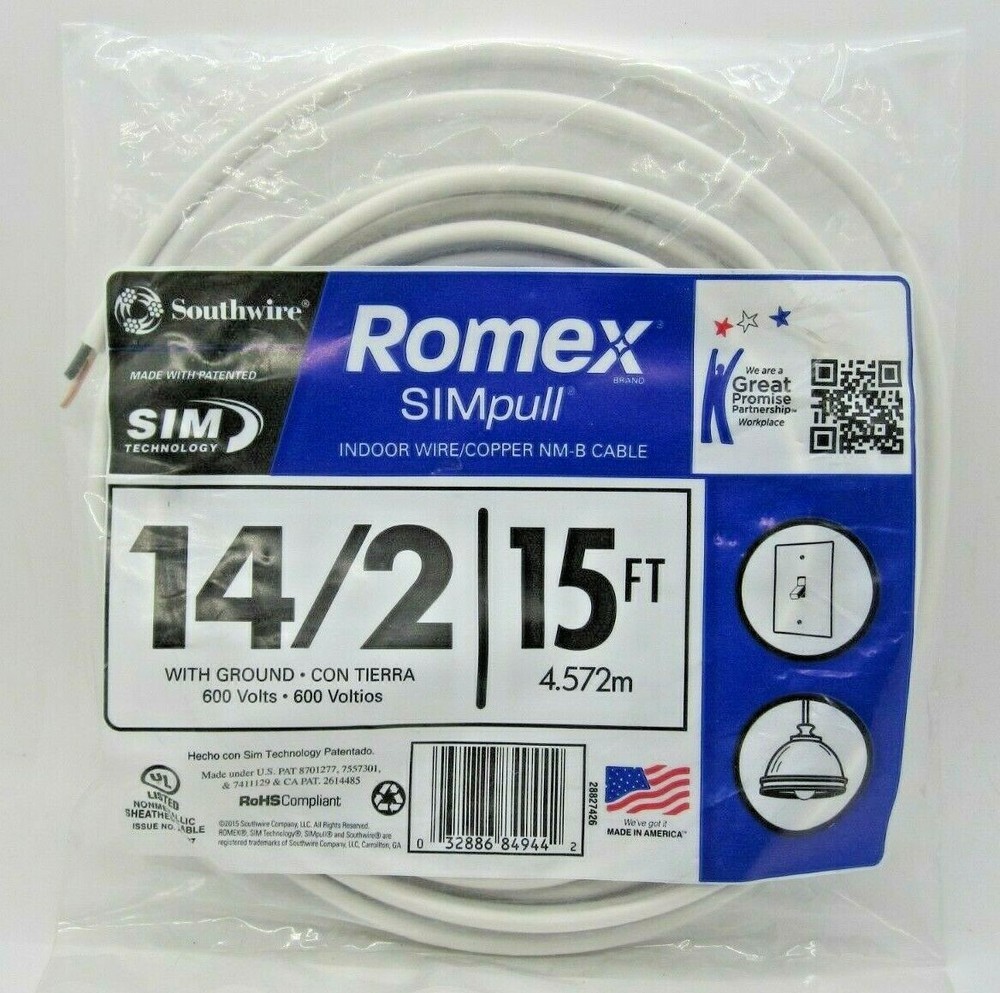 Southwire Romex Brand SIMpull Indoor Wire Copper NM-B Cable 14/2 W/Ground 15′