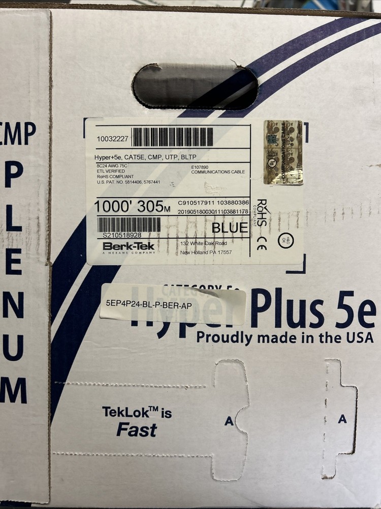 Berk-Tek 1000’ 305m Hyper+5e, CAT5E, CMP, UTP, BLTP 1032227