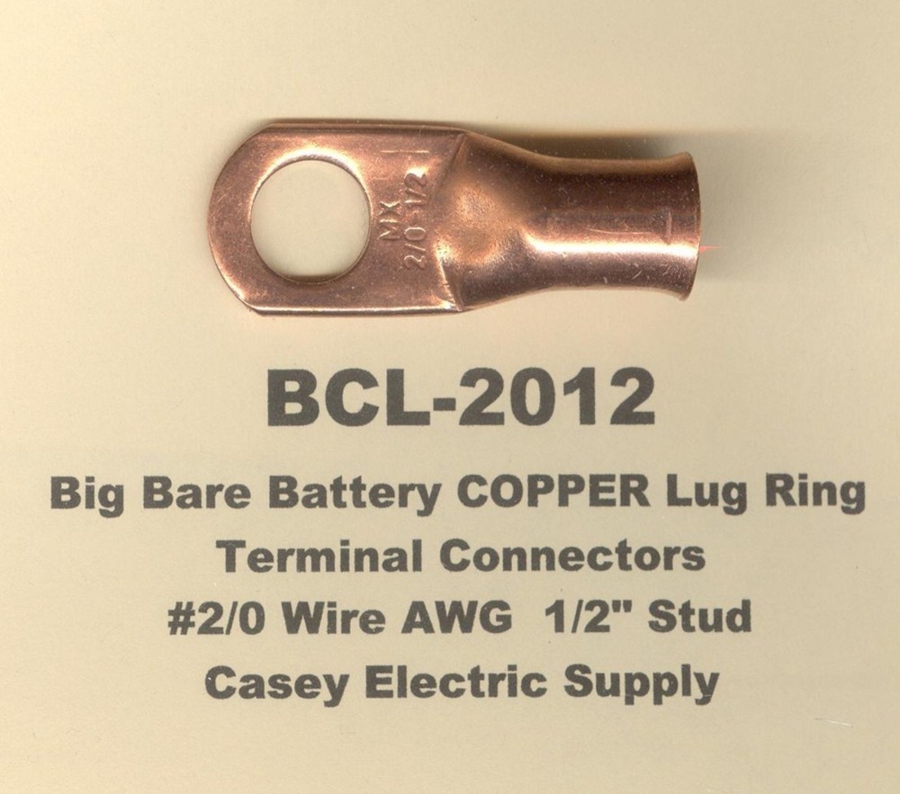 2 Big Bare Battery COPPER Ring Lug Terminal Connectors #2/0 Wire Gauge 1/2″ Stud