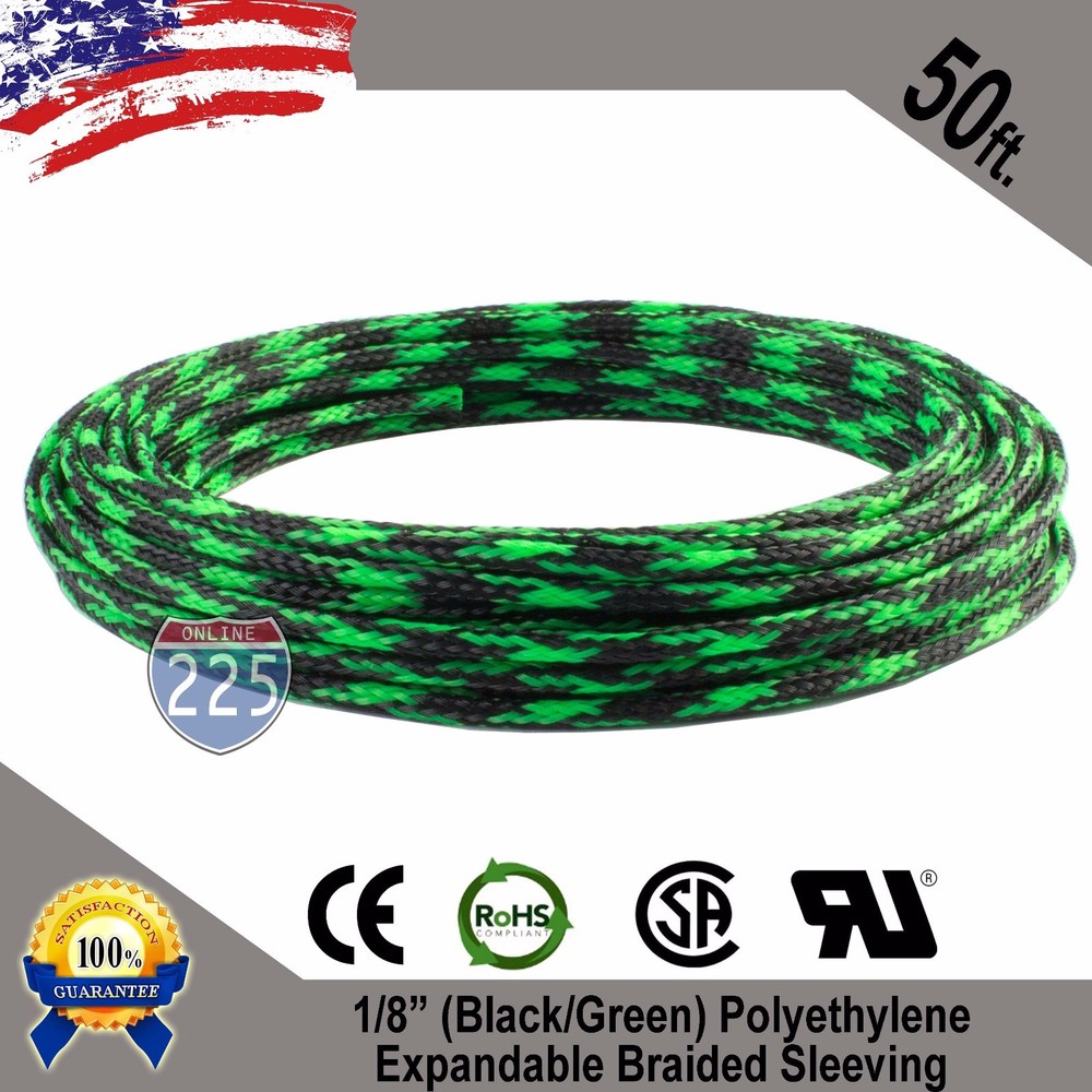 50 FT 1/8″ Black Green Expandable Wire Sleeving Sheathing Braided Loom Tubing US