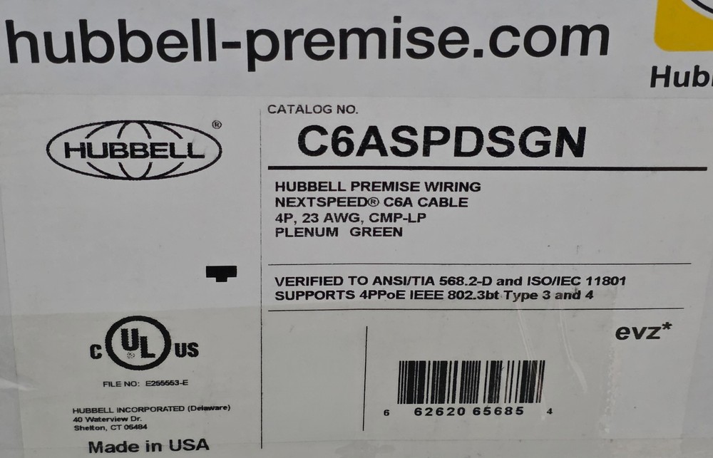 Hubbell Premise Wiring C6ASPDSGN 23/4P NEXTSPEED Cat6A UTP 10G Plenum Green/50ft