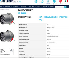 MELTRIC DN20C #17-68181 HD Inlet/Plug Multi-Pin , 15a, 480VAC Max, 18Pole+Ground