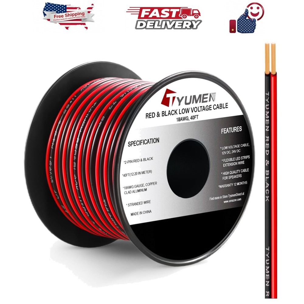 40FT 18 Gauge 2pin 2 Color Red Black Cable Hookup Electrical Wire LED Strips …