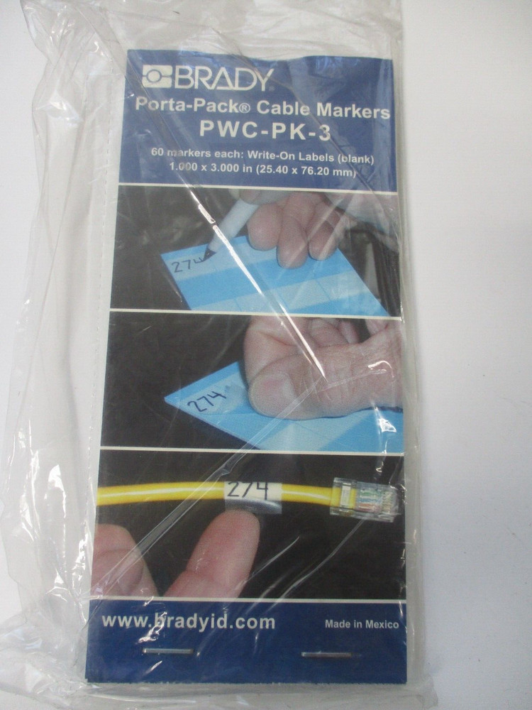 BRADY PORTA-PACK CABLE MARKERS PWC-PK-3, 60 MARKERS EACH PK, 1″ X 3″