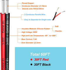 18 Awg Silicone Electrical Wire 2 Conductor Parallel Wire Line 60Ft [Black 30Ft