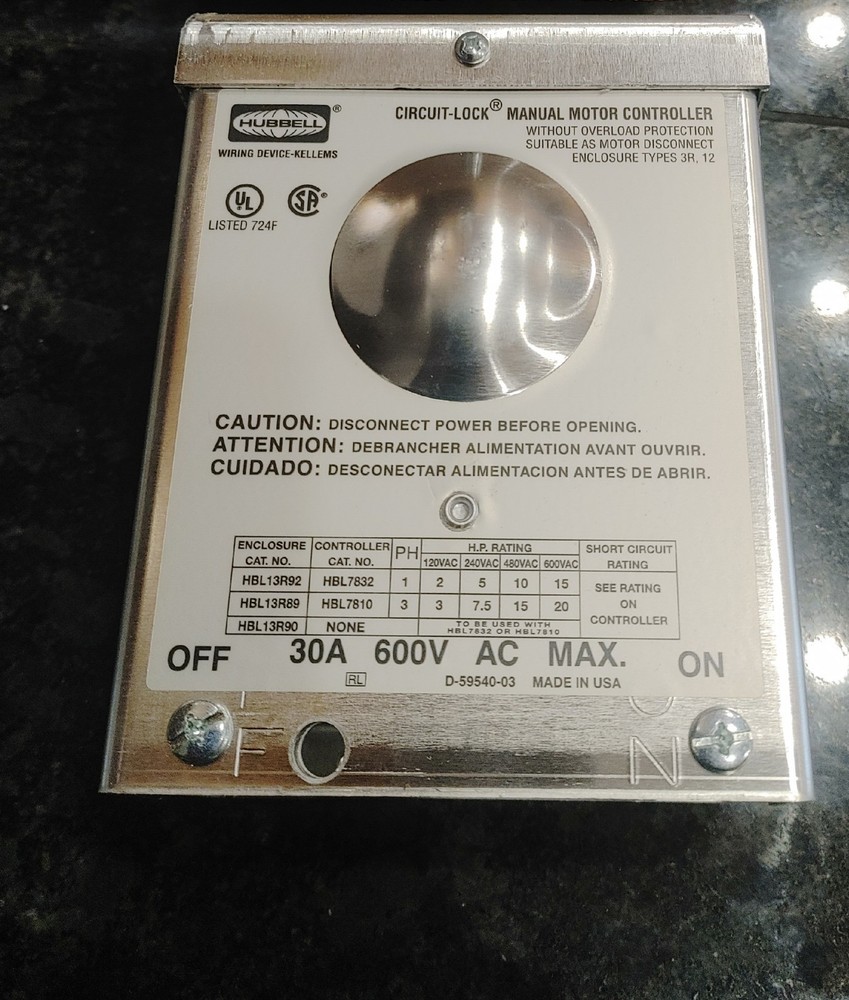 Hubbell HBL13R89 Manual Motor Disconnect 30A 600VAC 3 Pole