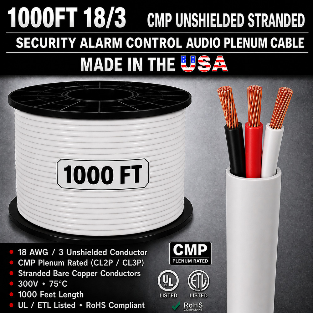 1000FT 18/3 CMP Unshielded Stranded Security Alarm Control Audio Plenum Cable