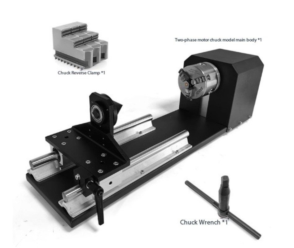 Laser Engraving Fixture with 360-Degree Rotating Spindle Chuck TailstockPlatform