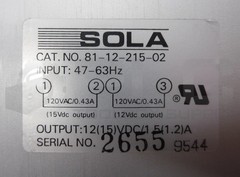 SOLA 81-12-215-02 DC POWER SUPPLY 1.2-1.5 AMP 12-15 V DC
