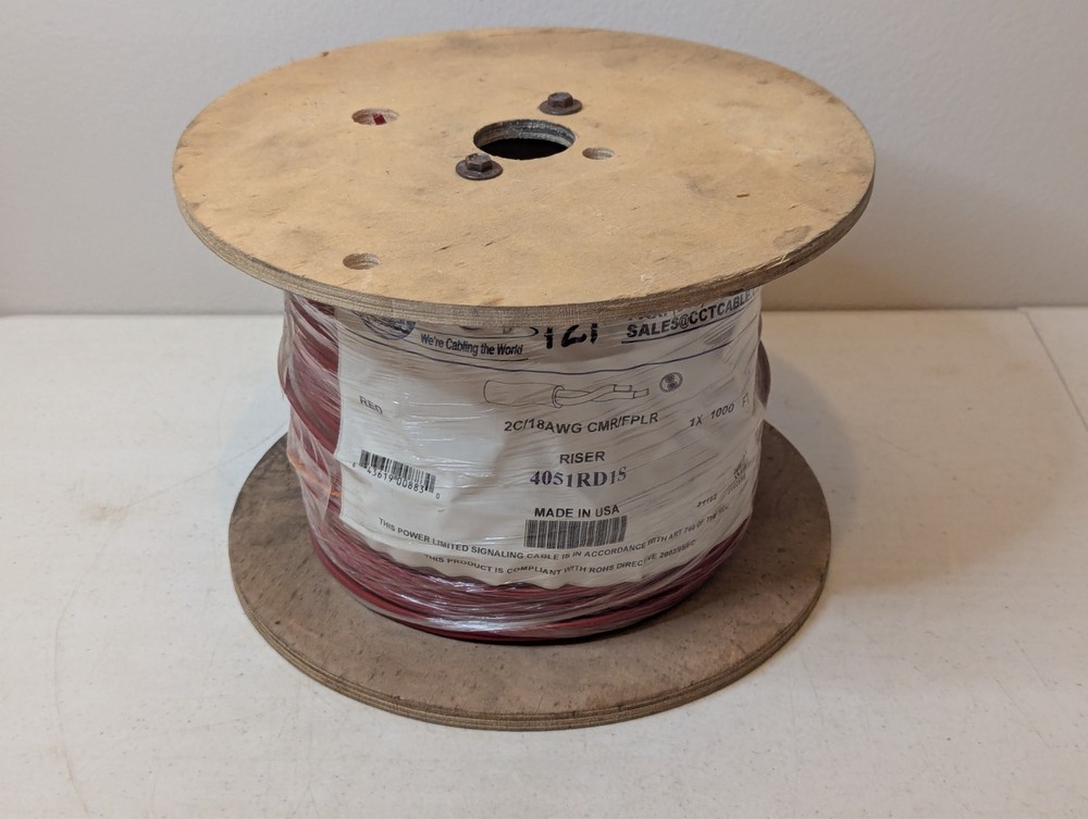 CCT 4051RD1S 18AWG 2C Solid Fire Alarm Cable FPLR 1, 000 Ft. Spool Red