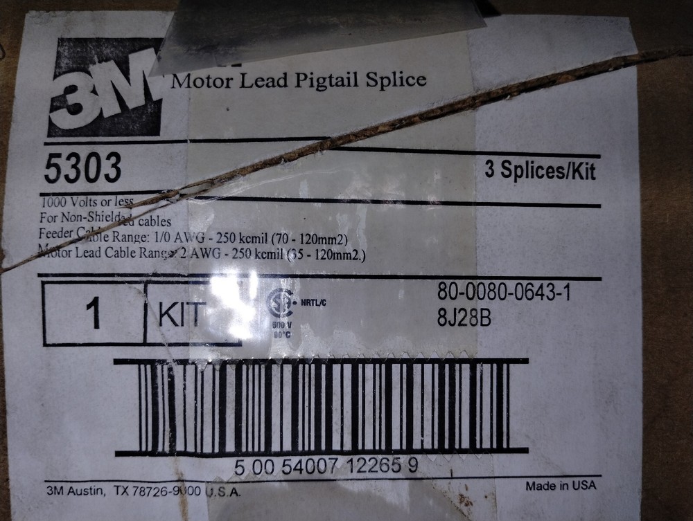 3M 5303 Motor Lead Pigtail Splice 1 kV 2/-250 kcmil 2 AWG to 250 kcmil 2 PER KIT