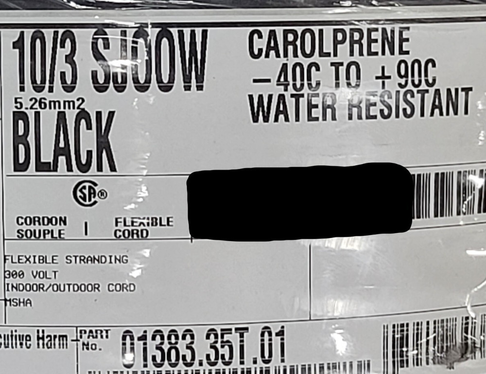 NEW Carol 01383 10/3C Carolprene SJOOW 300V Portable Power Cable Cord Black