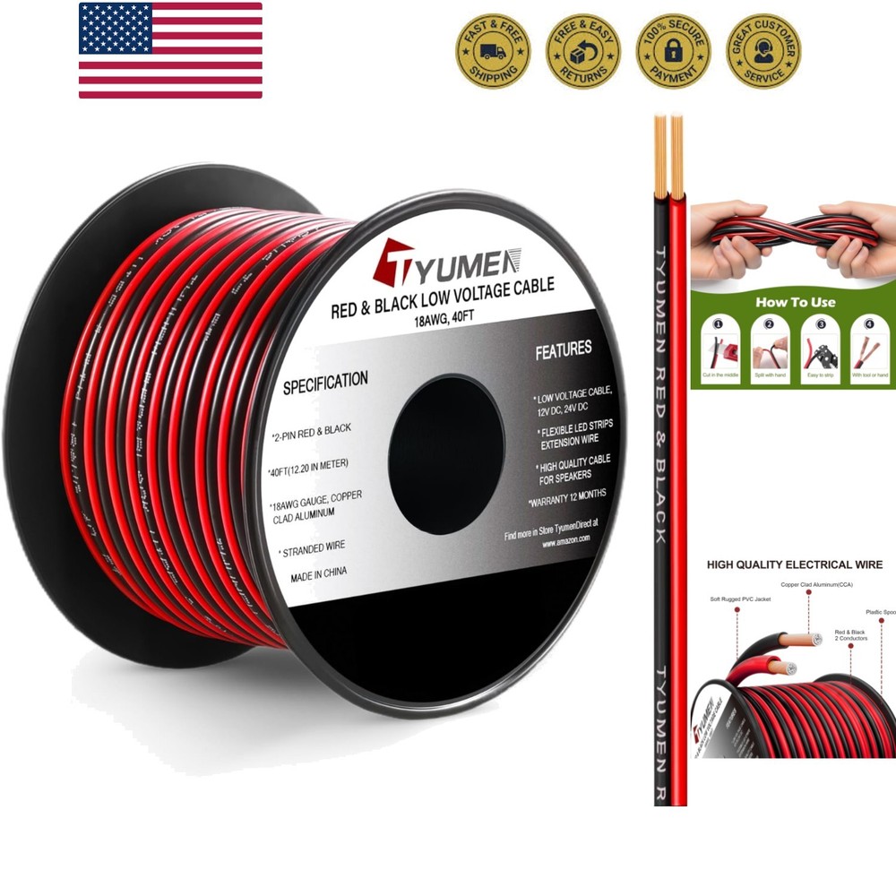 40FT 18 Gauge 2pin 2 Color Red Black Cable Hookup Electrical Wire LED Strips …