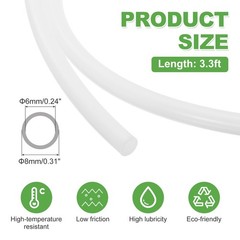 3.3ft Polytetrafluoroethylene Tube, 6mm ID x 8mm OD (White)