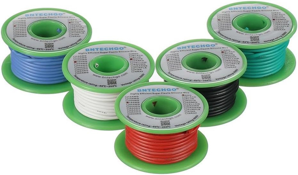18 Gauge Silicone Wire Kit Red Black White Blue and Green Each 25ft 18 AWG Stran